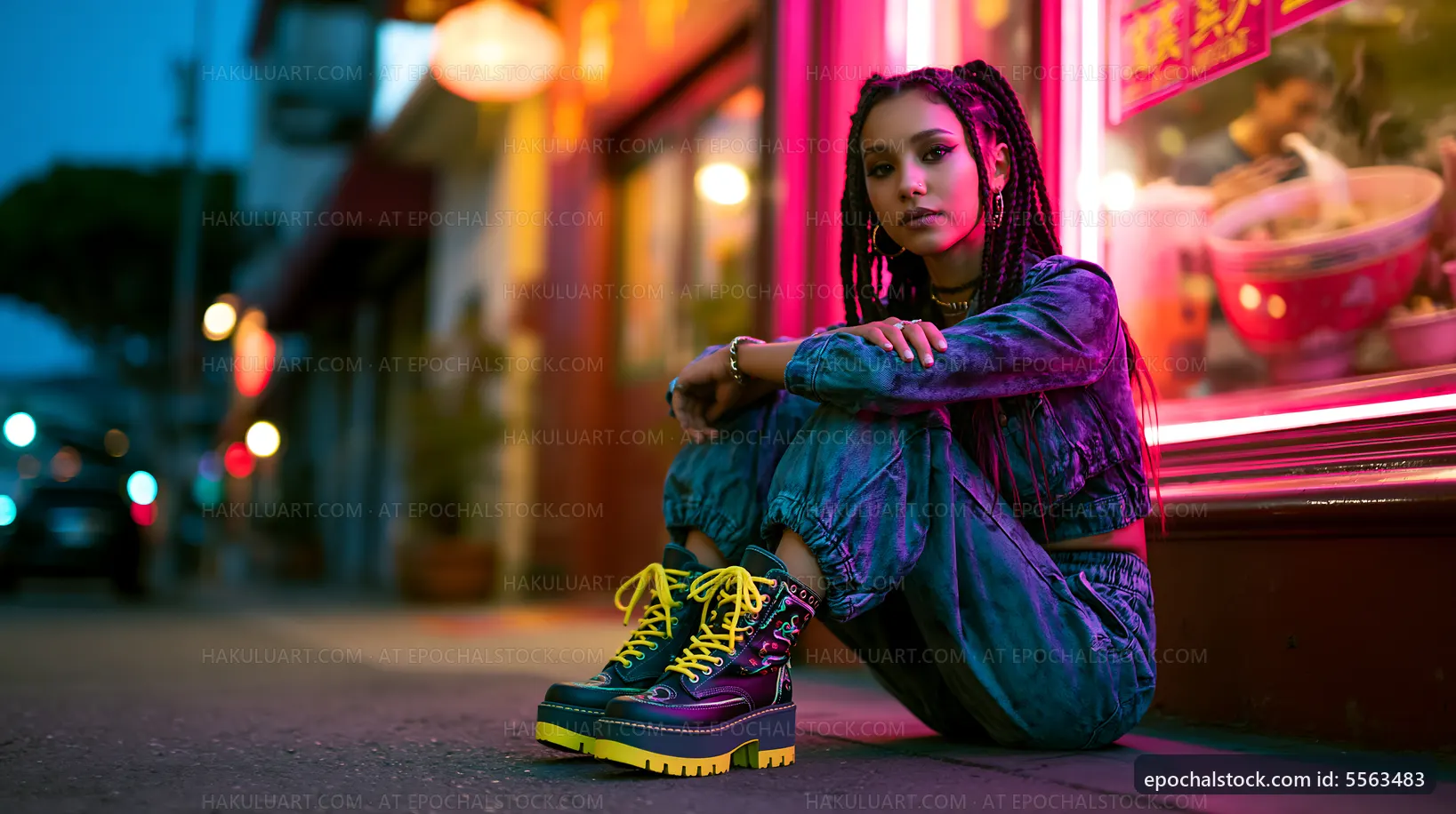 Portrait of a young woman sitting outside a shop at night