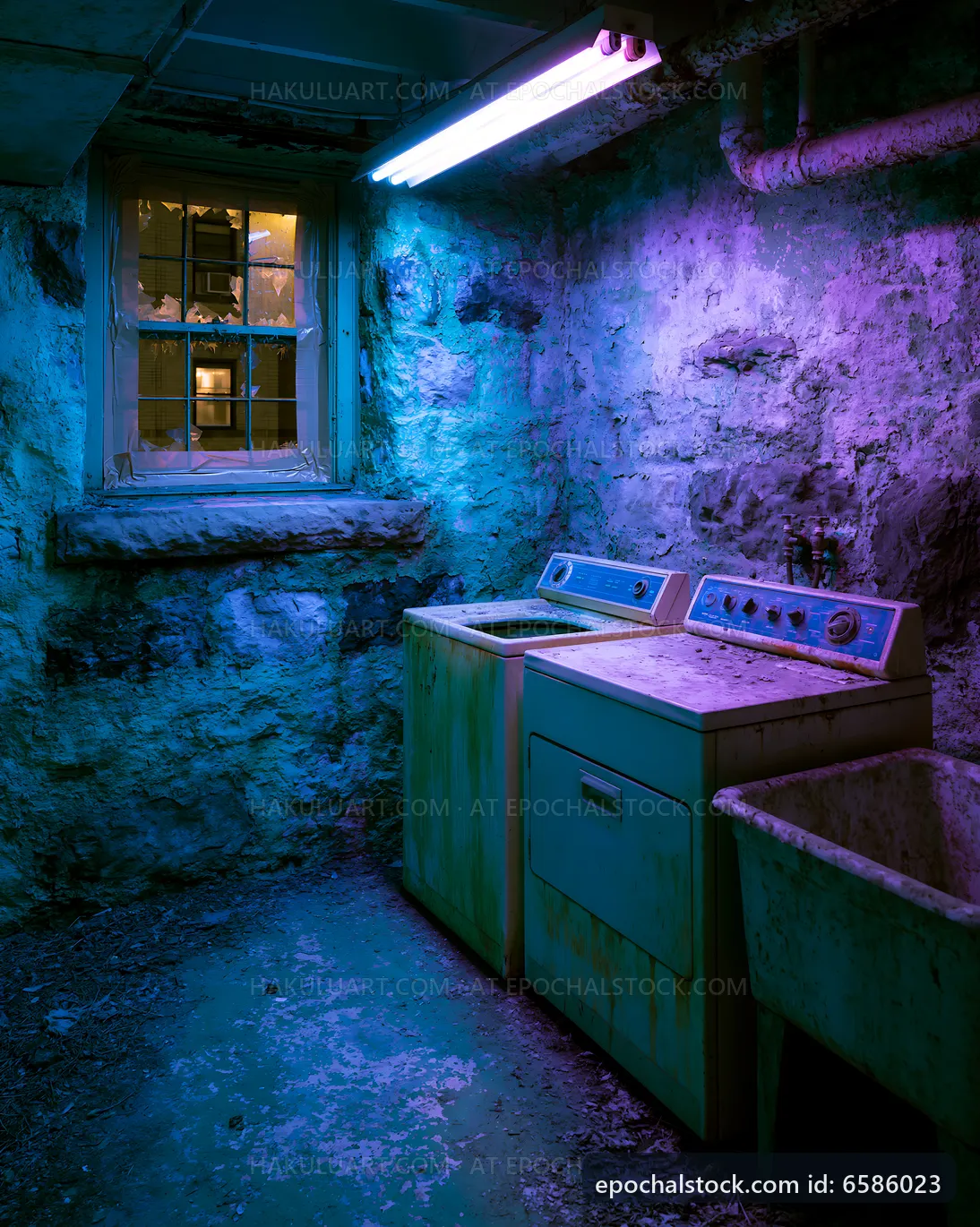Basement laundry room with blue lighting and old appliances