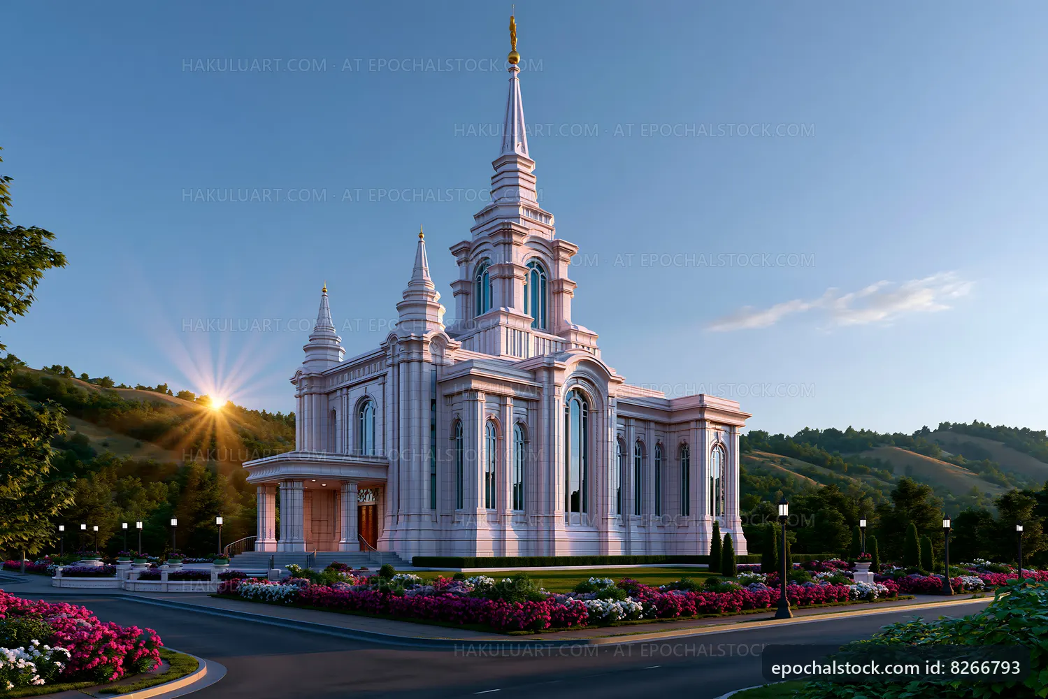 Church building with tall spires surrounded by flowers and trees