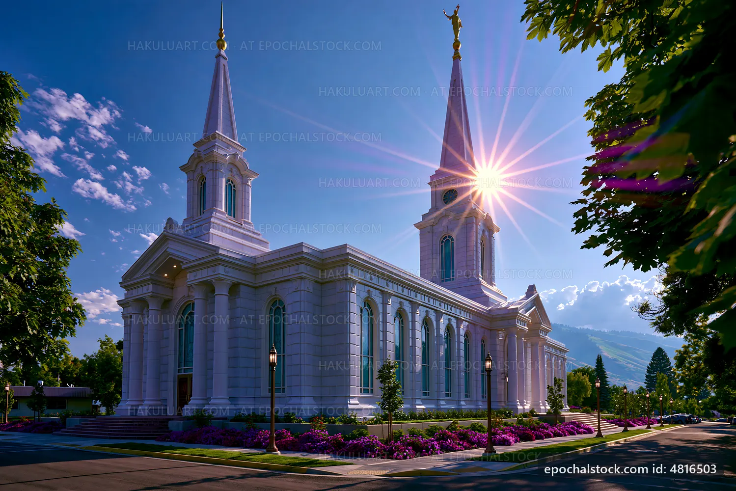 Historic church building under blue sky with sunlight