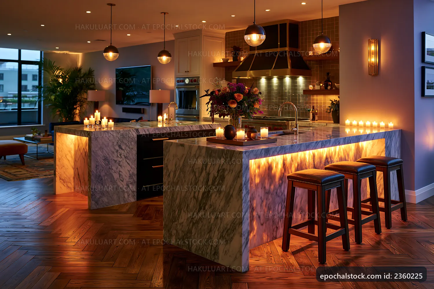 Modern kitchen with marble countertops and warm lighting at night
