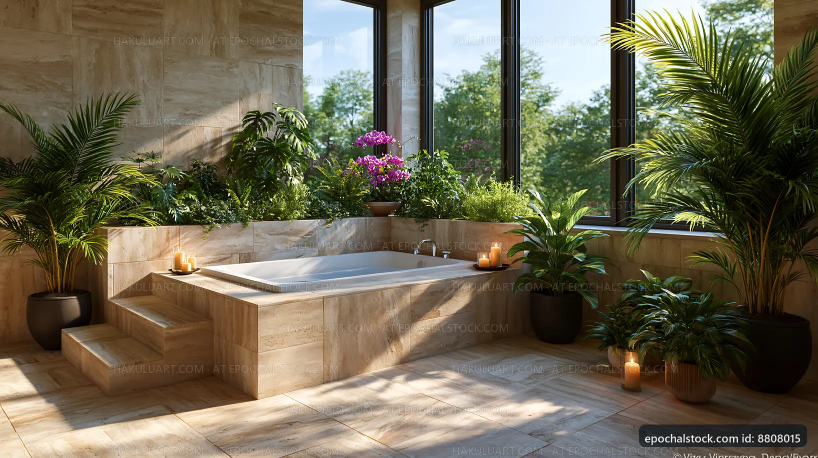 Spa bathroom with plants and natural light from large windows