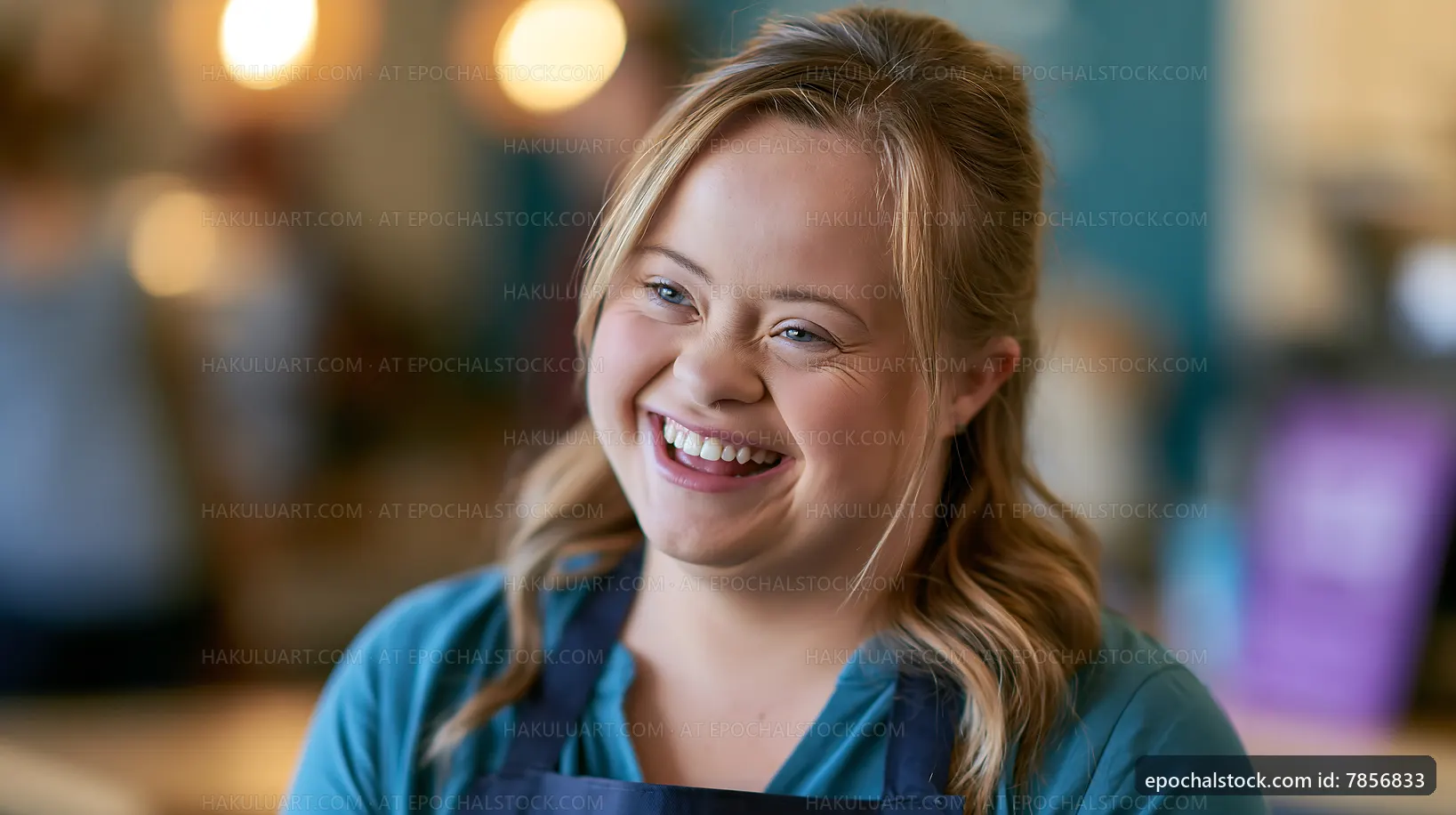 Smiling woman in cafe during a busy day
