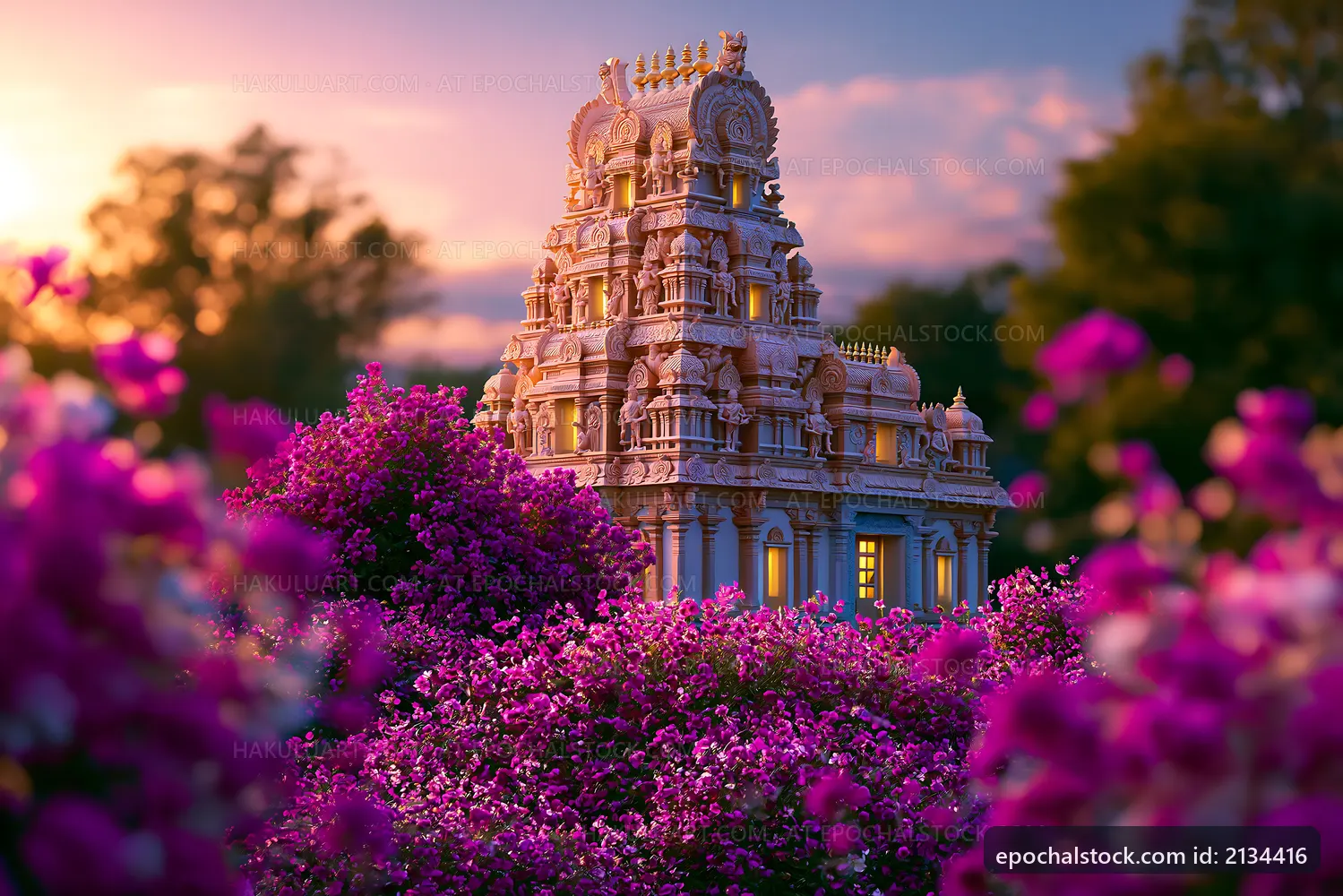 Temple surrounded by blooming purple flowers at sunset