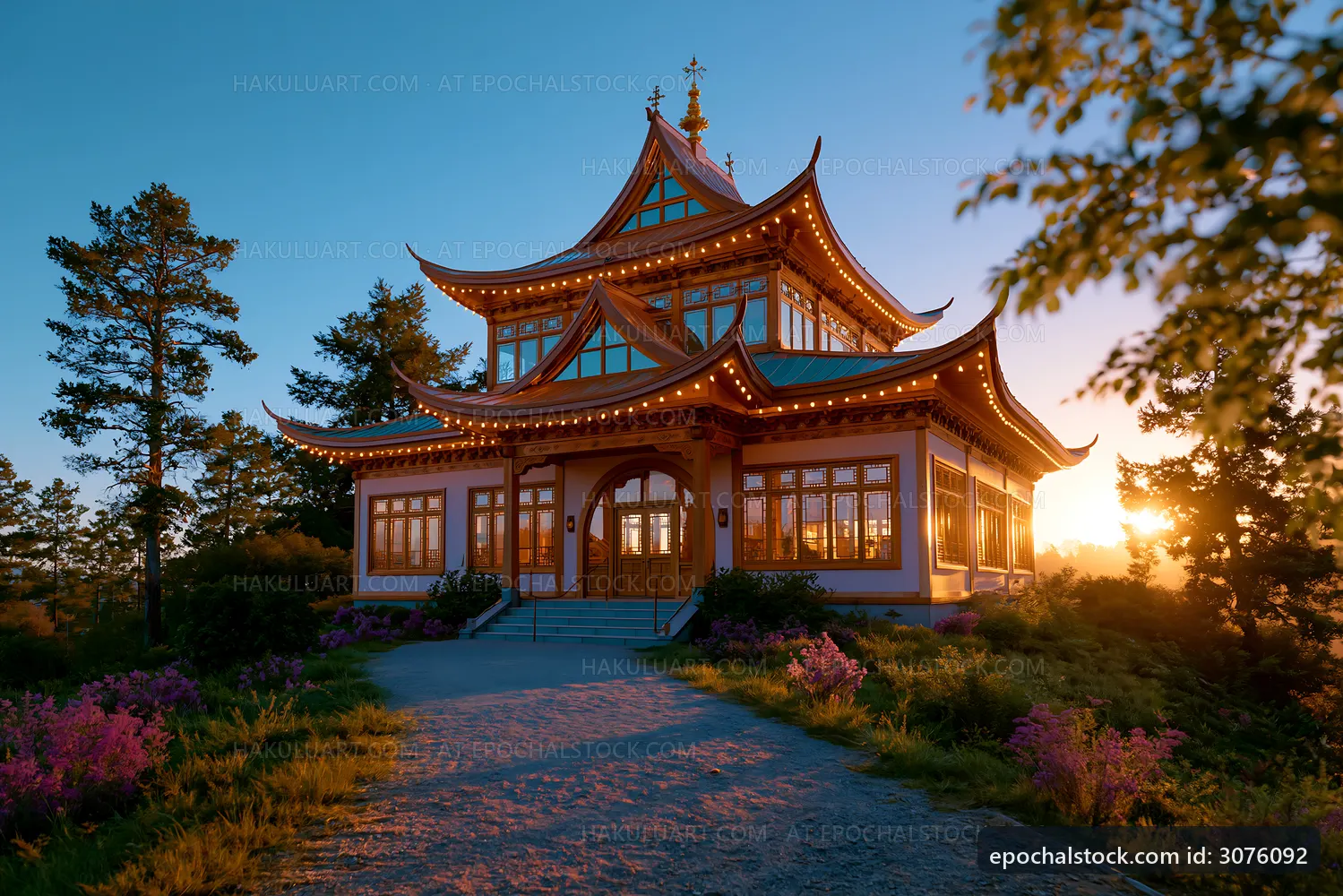Sunset view of ornate temple building with decorative lights