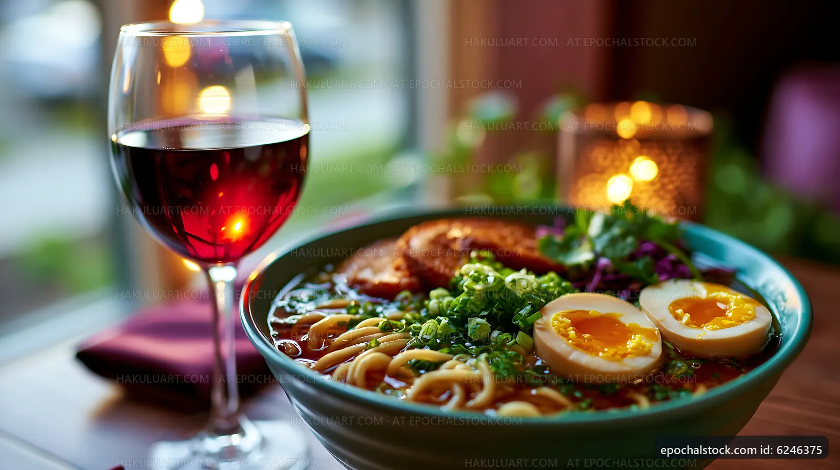 Warm bowl of ramen with eggs and a glass of red wine
