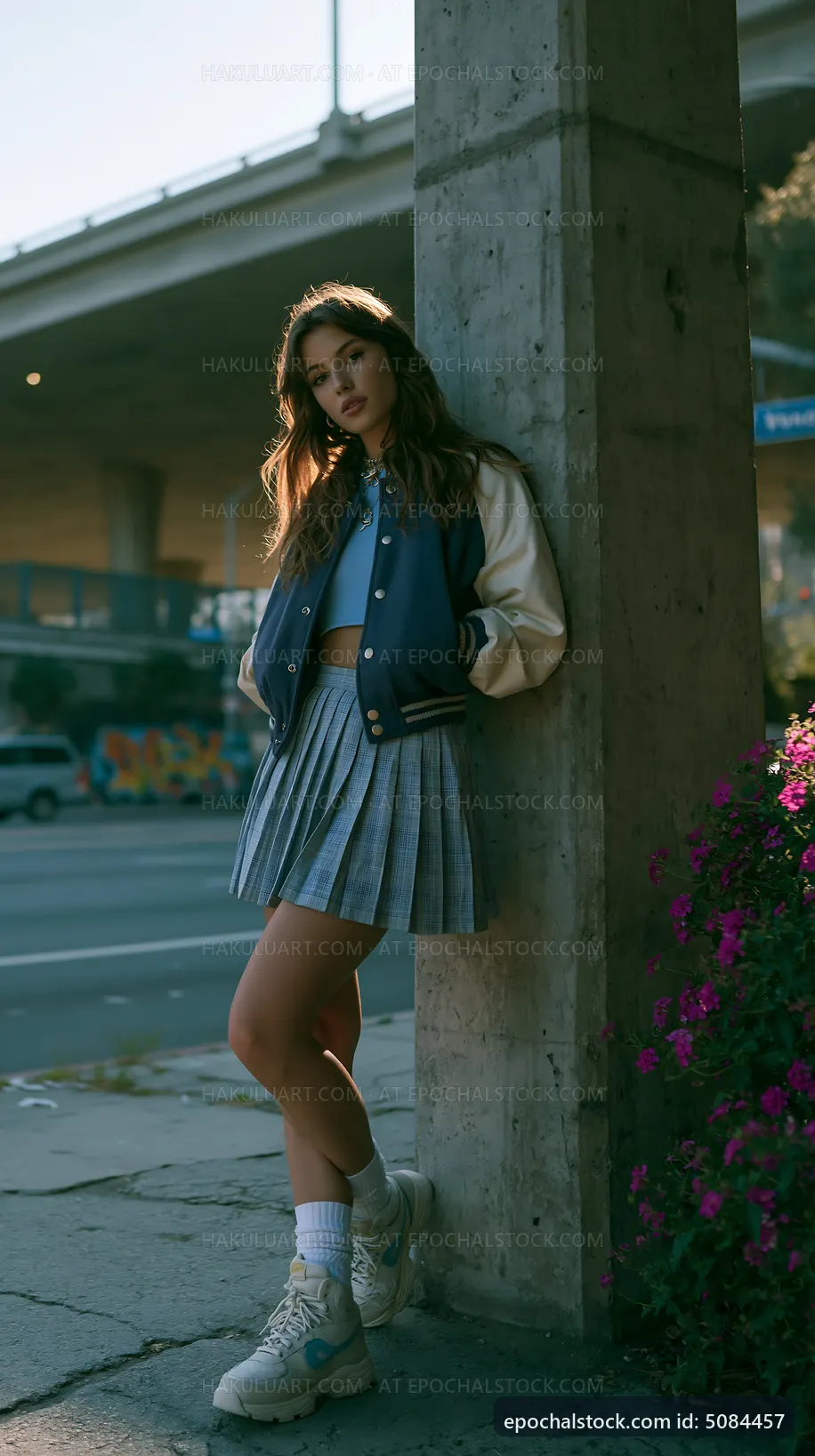Girl in plaid skirt leaning against a concrete column