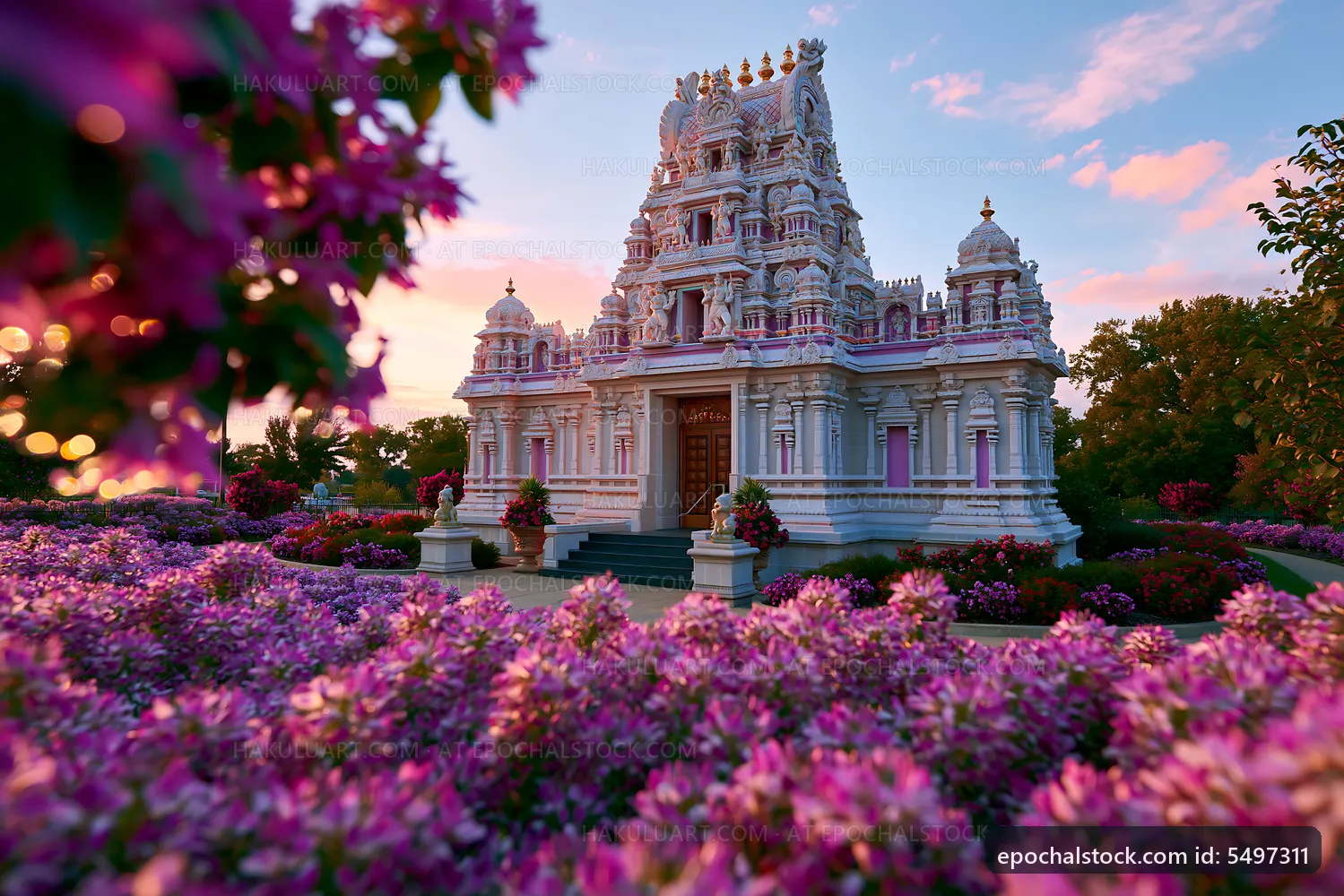 Temple with purple flowers at sunset