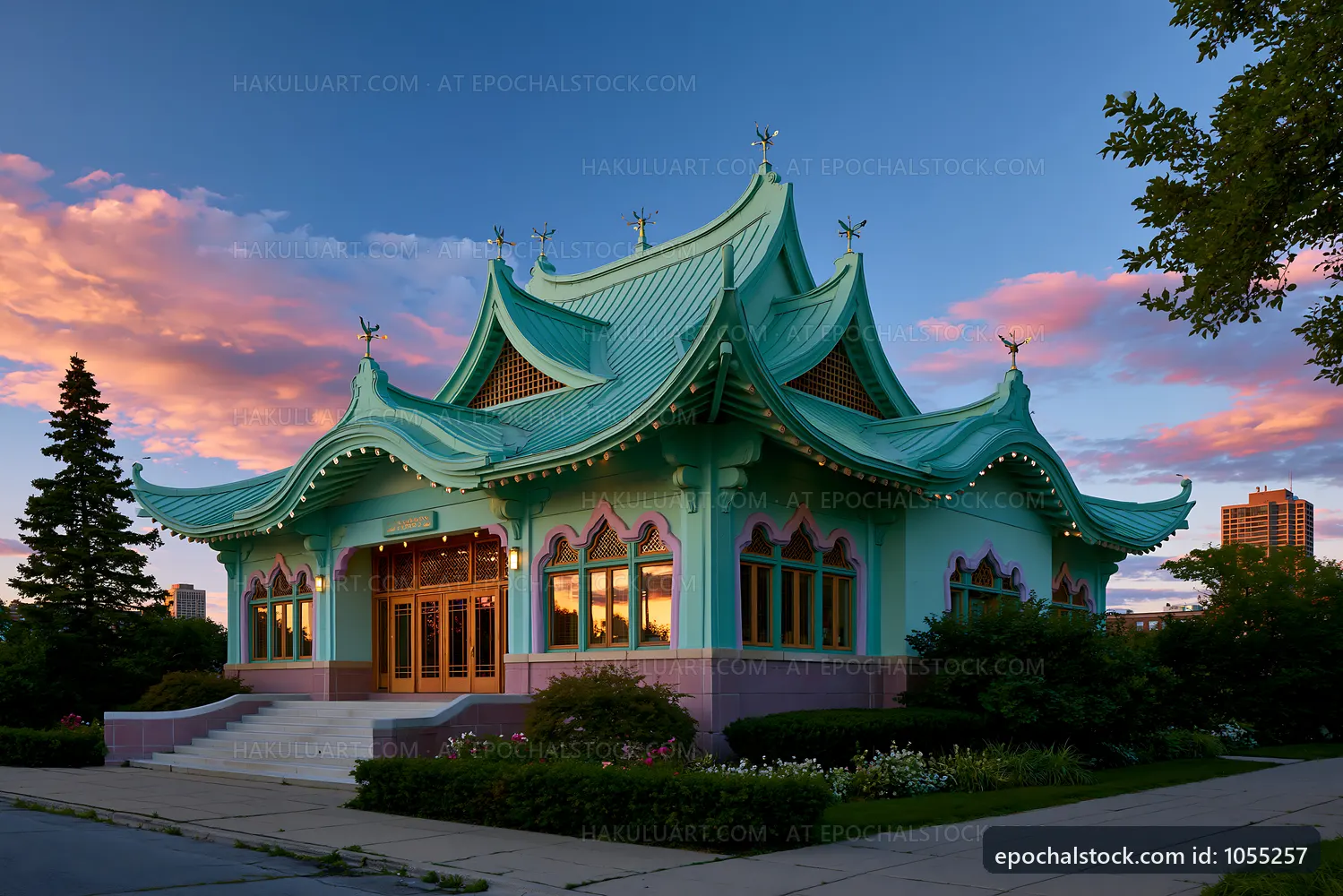 Colorful architecture of a cultural building at sunset