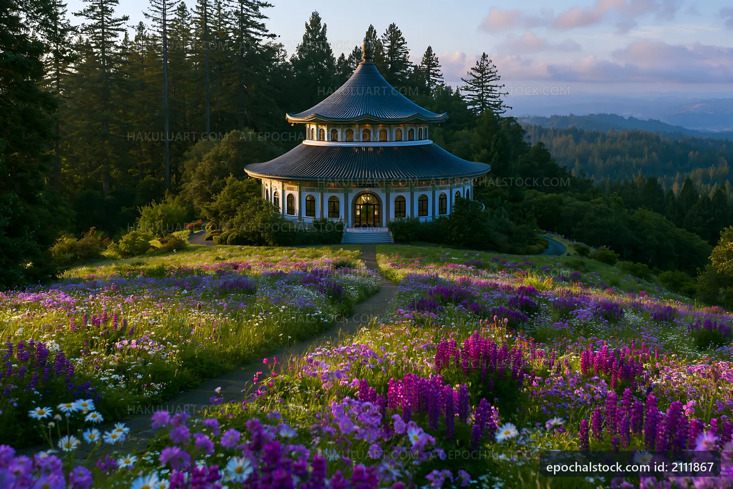Scenic view of a temple surrounded by colorful flowers