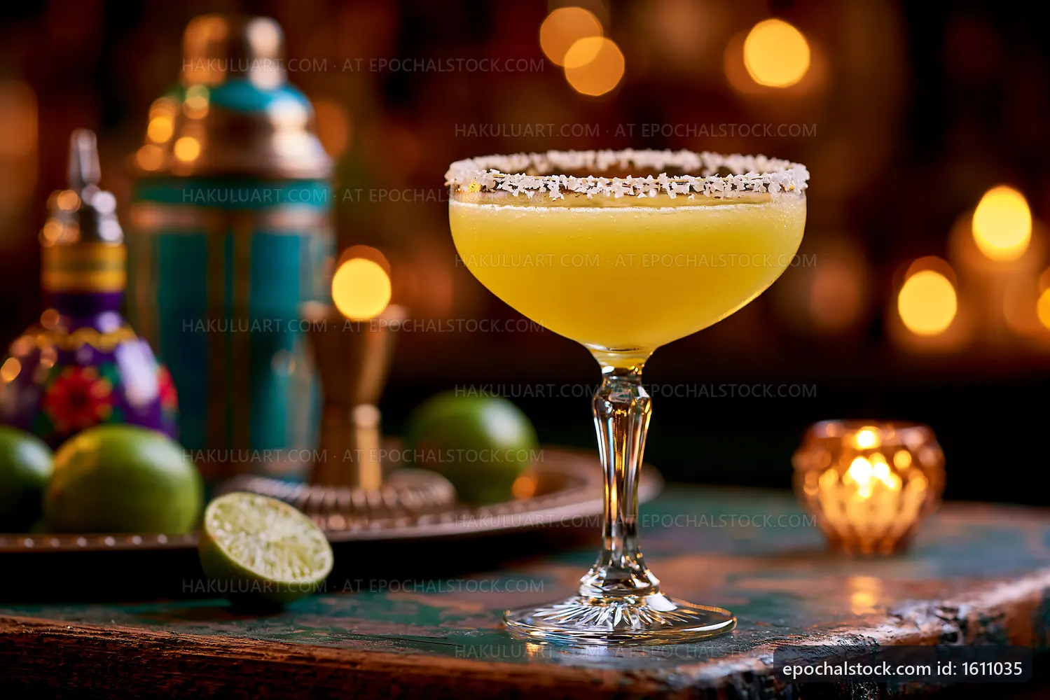 Bright yellow cocktail with lime on a rustic wooden table