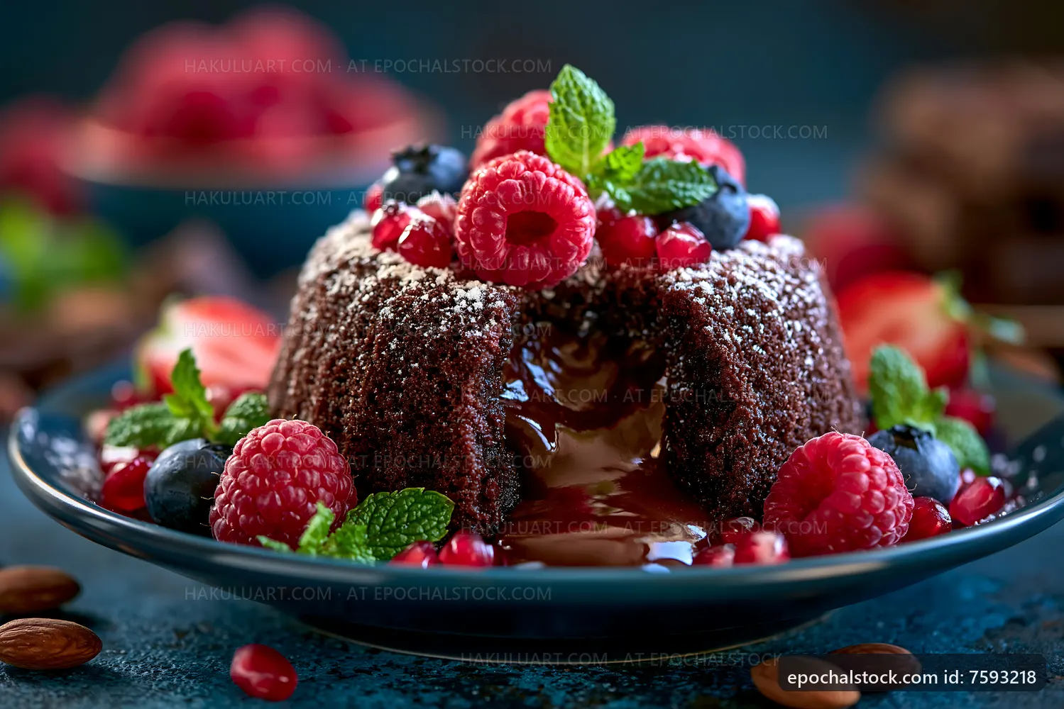 Decadent chocolate cake with fresh berries on a dark table