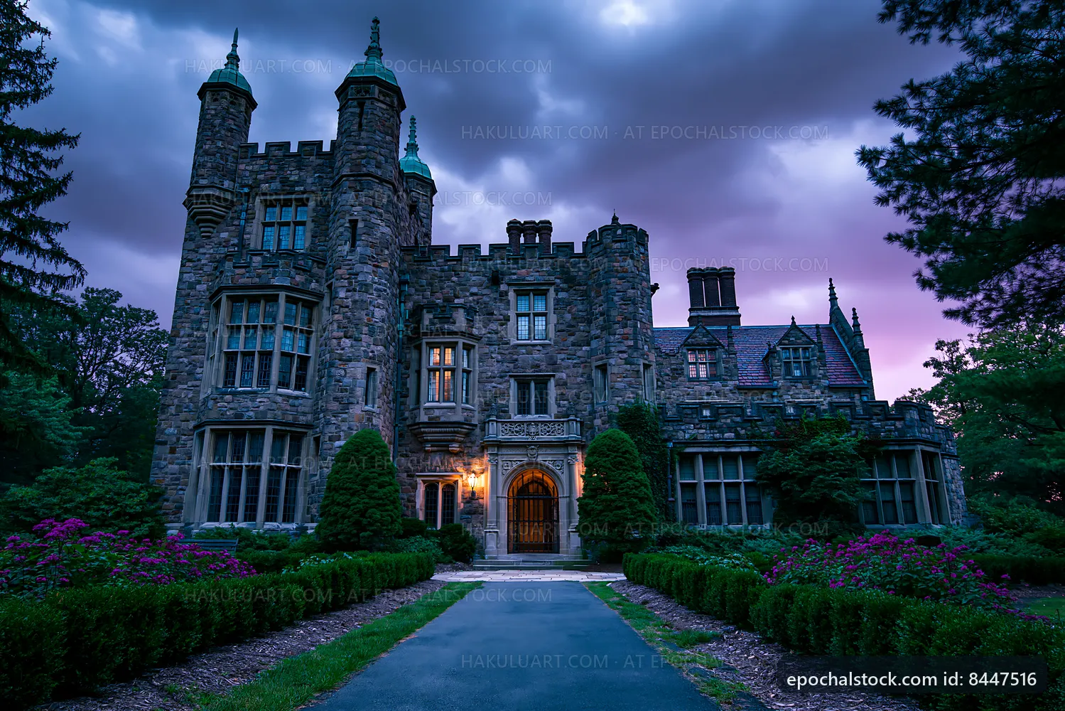 Historic stone mansion under cloudy sky at dusk