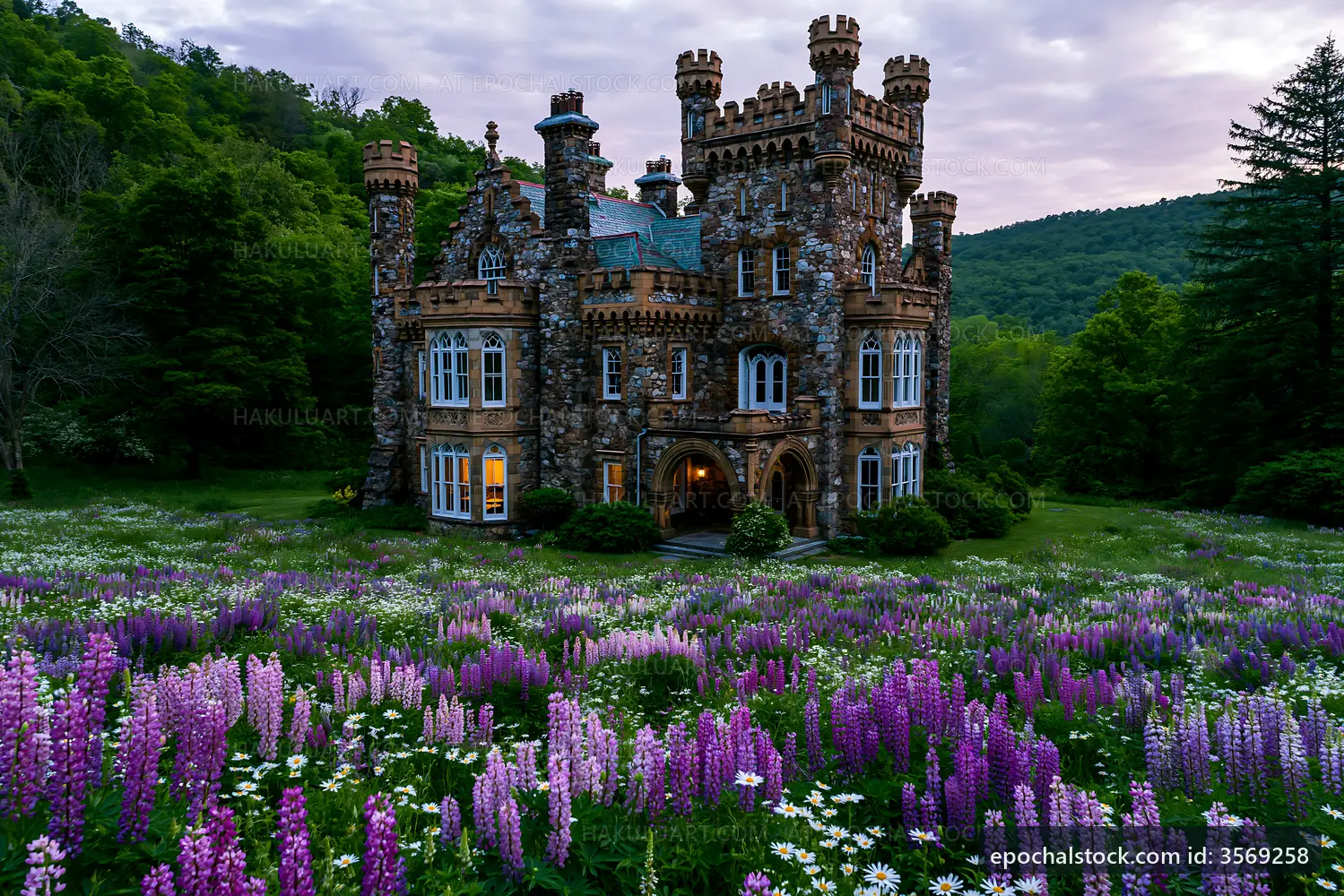 Stone castle surrounded by purple flowers in a green field