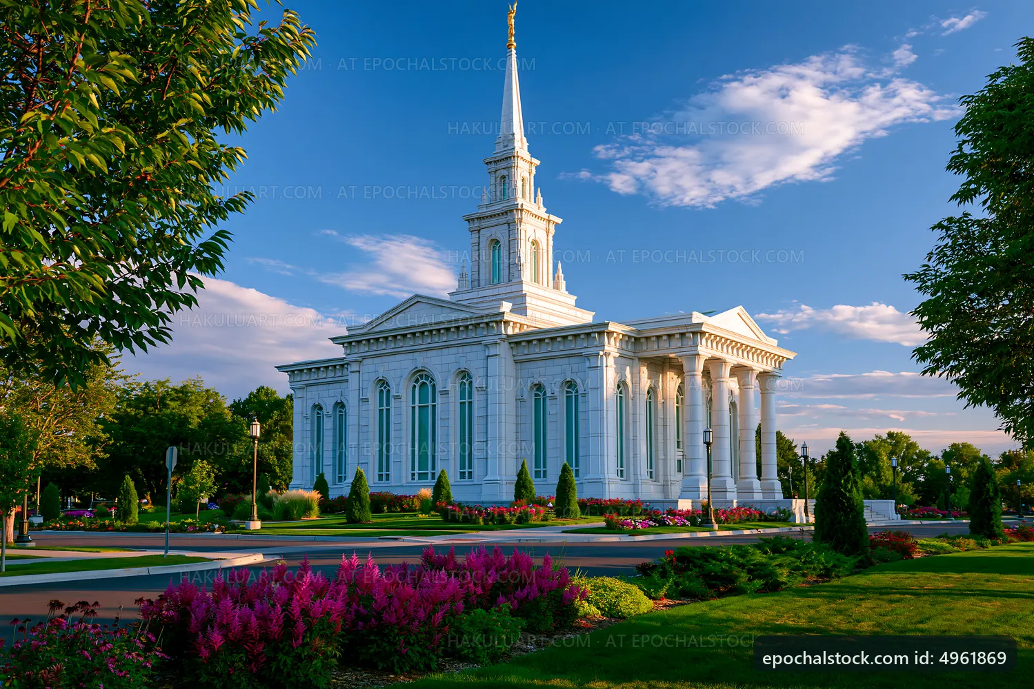 Church building with tall spire surrounded by garden at sunset