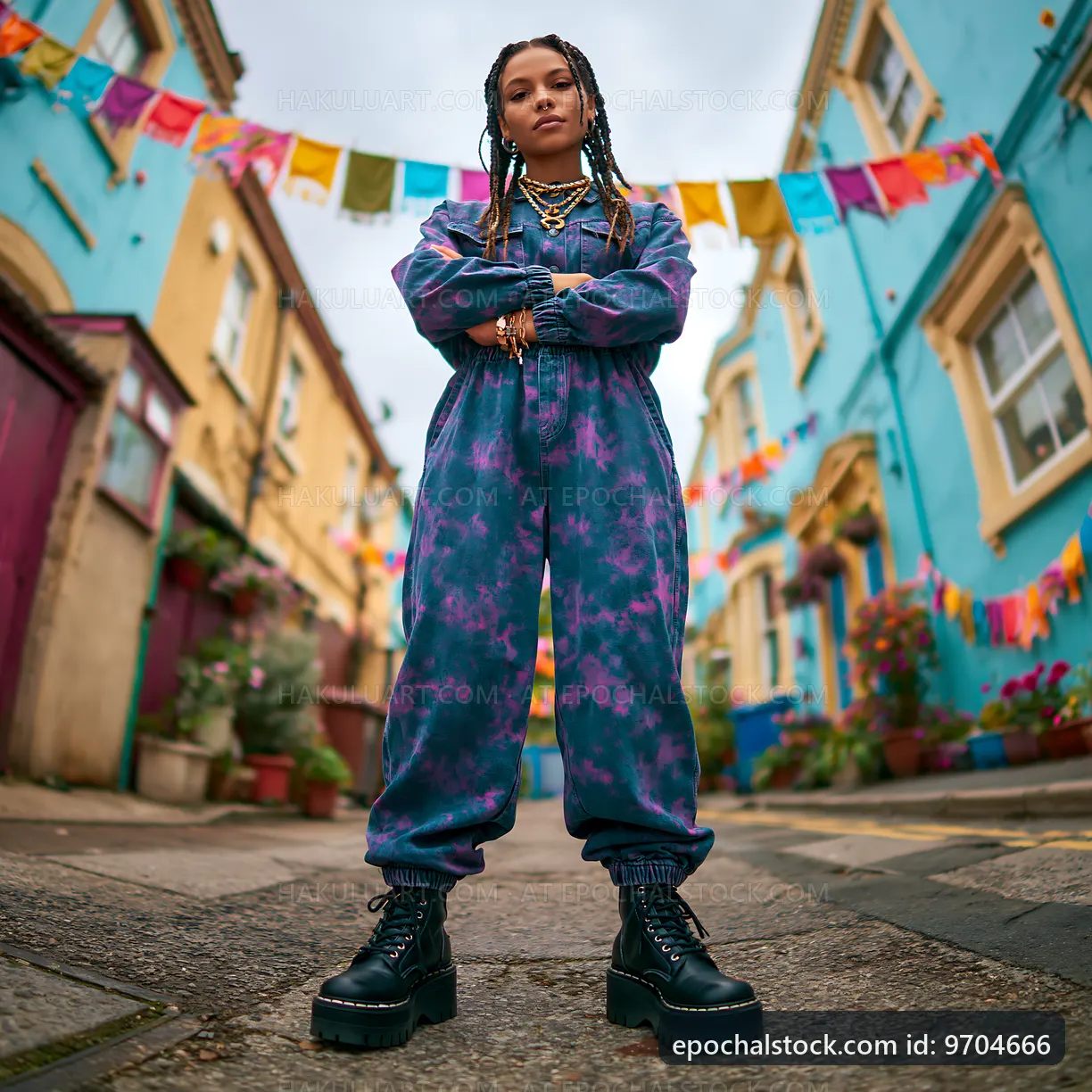 Young woman poses in colorful alleyway with flags hanging above