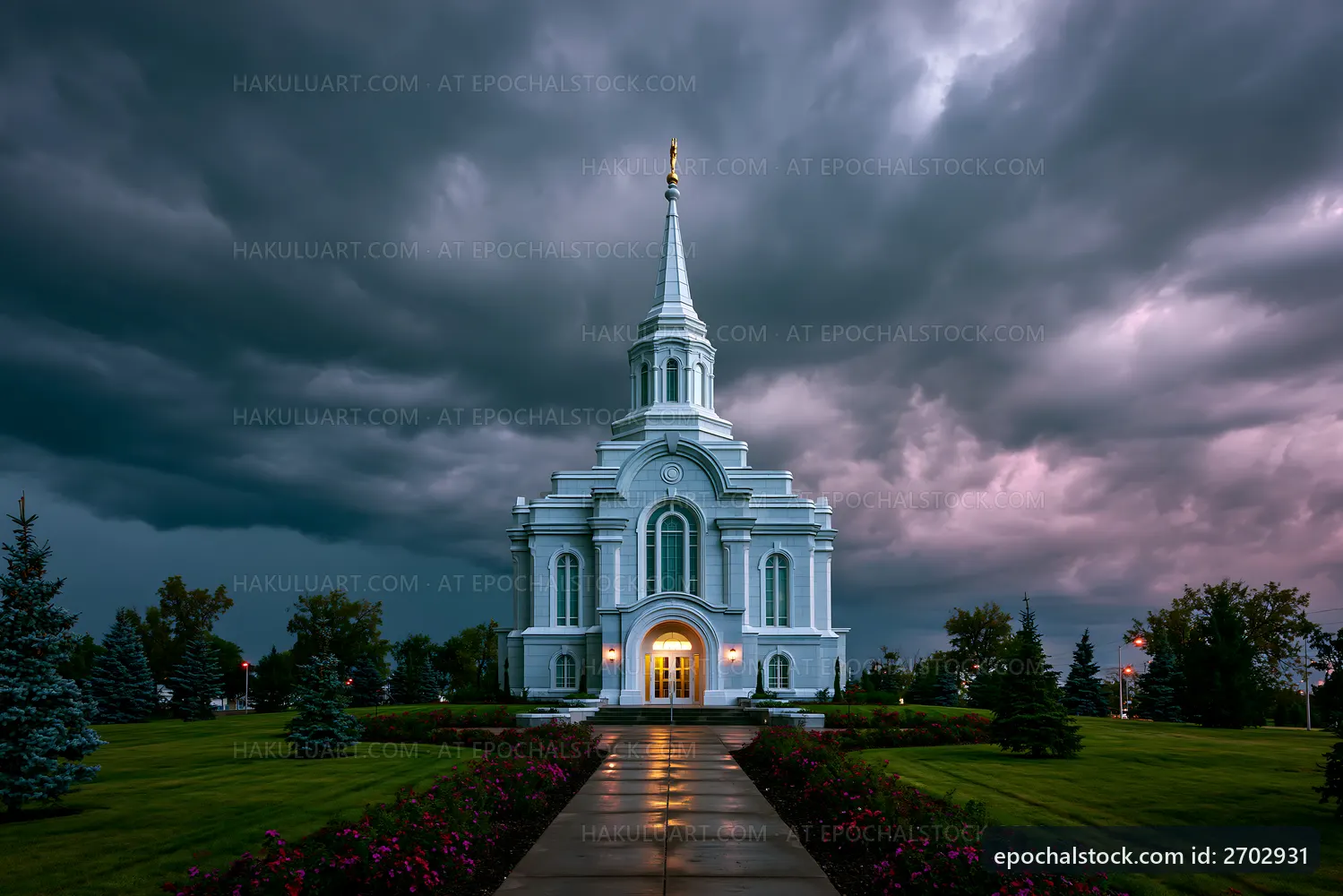 Stormy sky over a church building with illuminated entrance