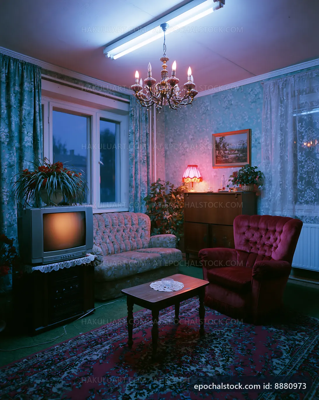 Cozy retro living room with vintage decor and soft lighting