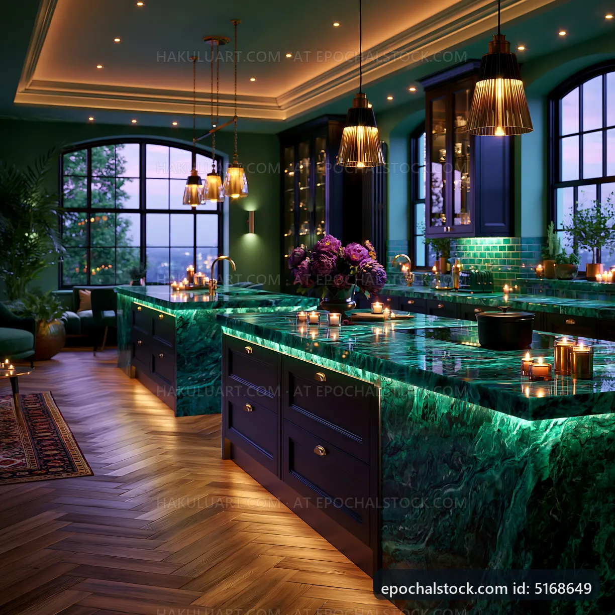 Modern kitchen with green marble countertops and warm lighting