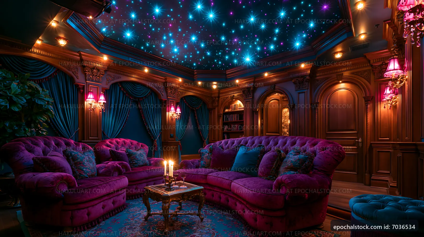Cozy lounge with purple decor and starry ceiling
