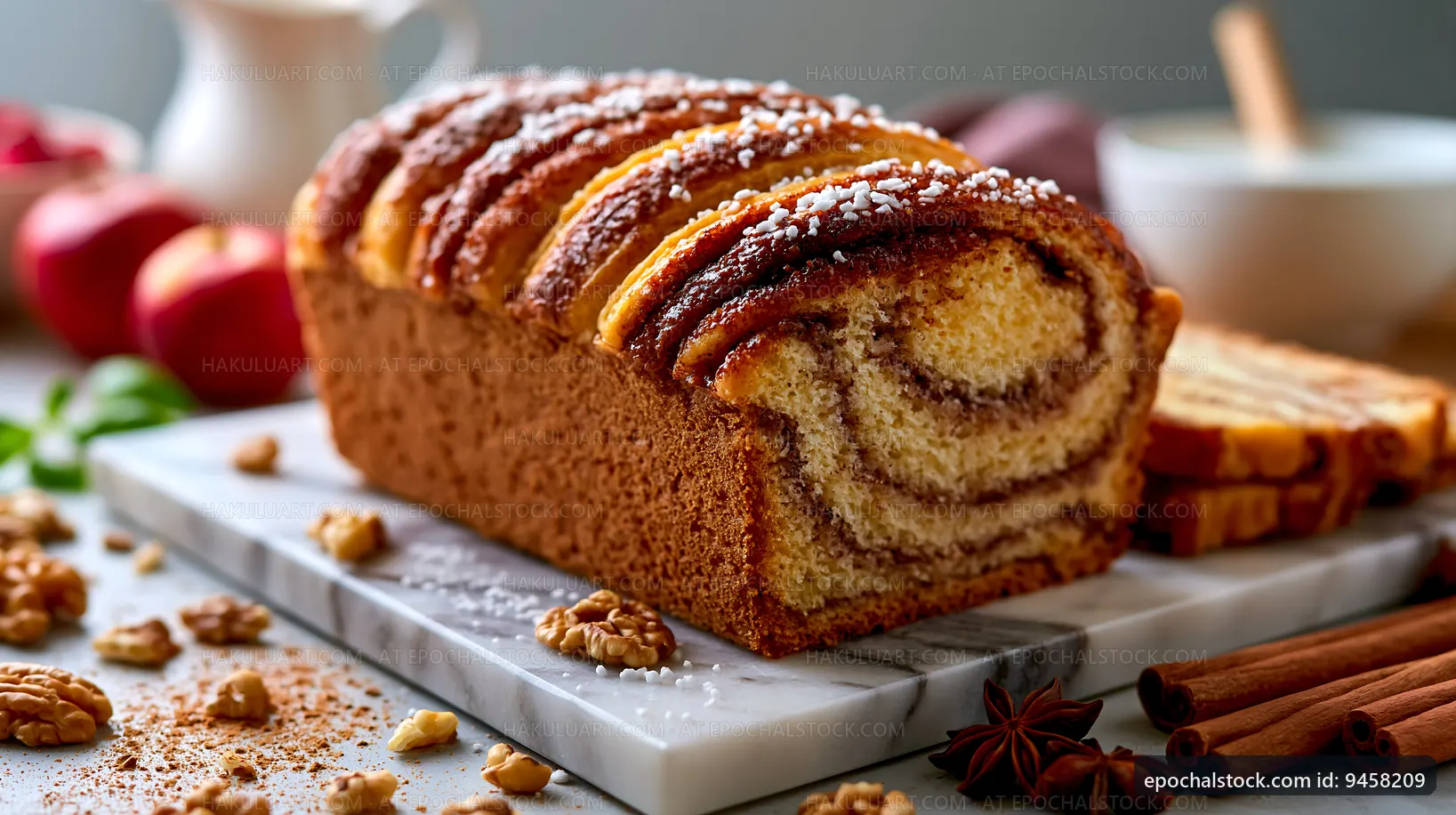 Freshly baked cinnamon swirl bread on a marble cutting board