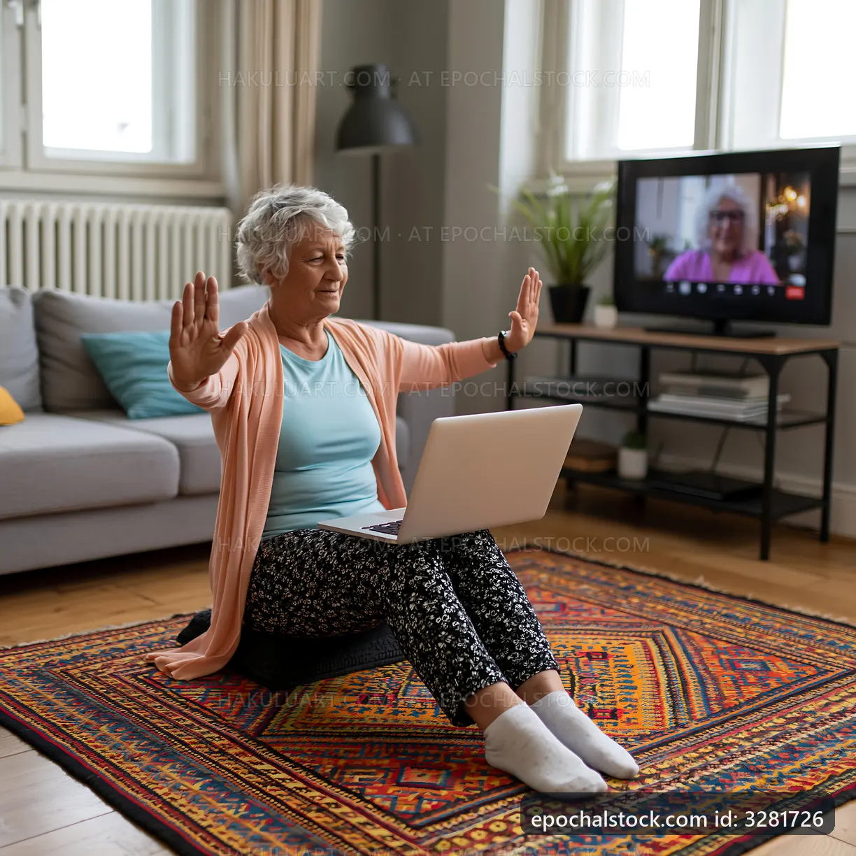 Senior woman practicing online yoga at home with laptop