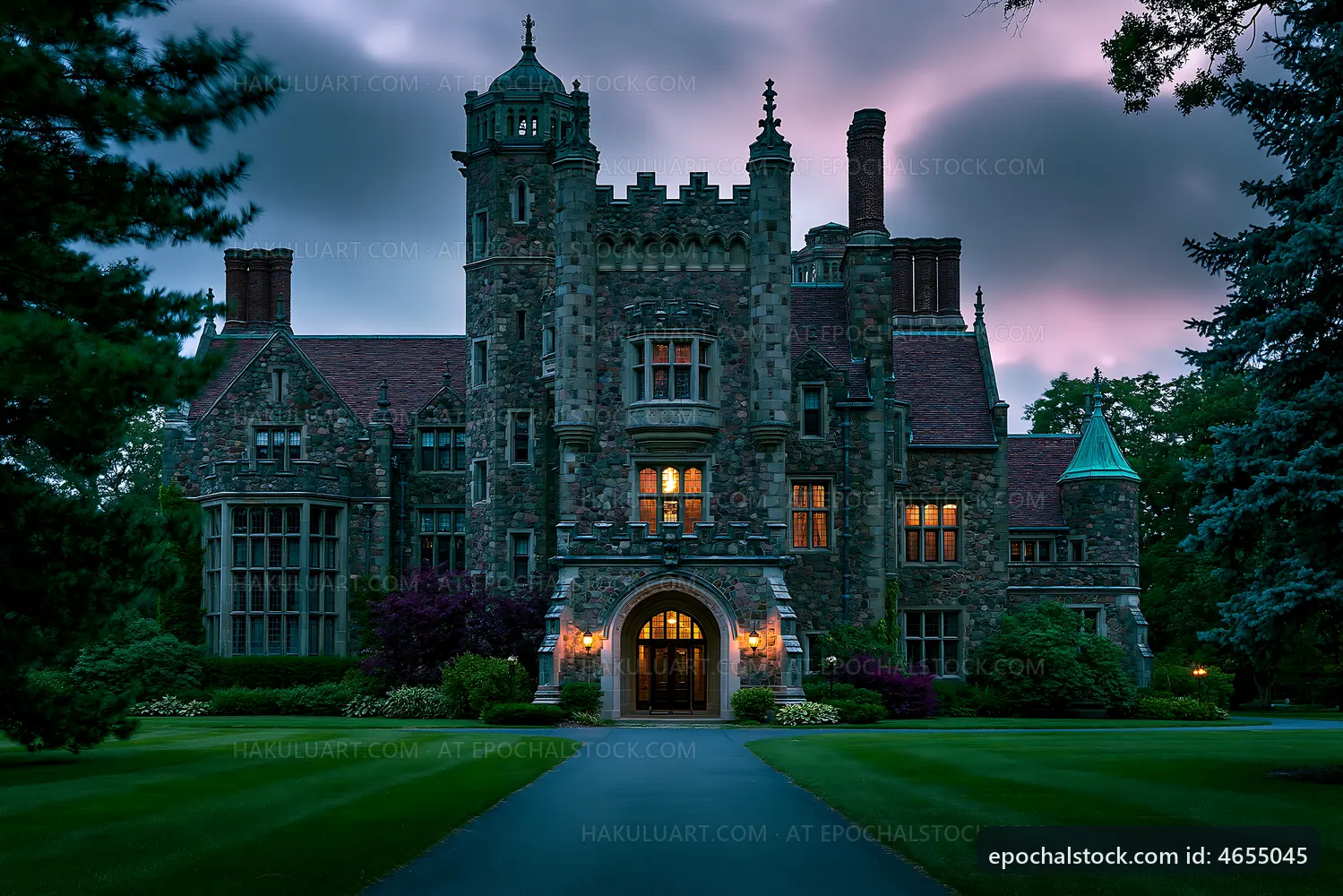 Historic mansion with stone architecture at dusk