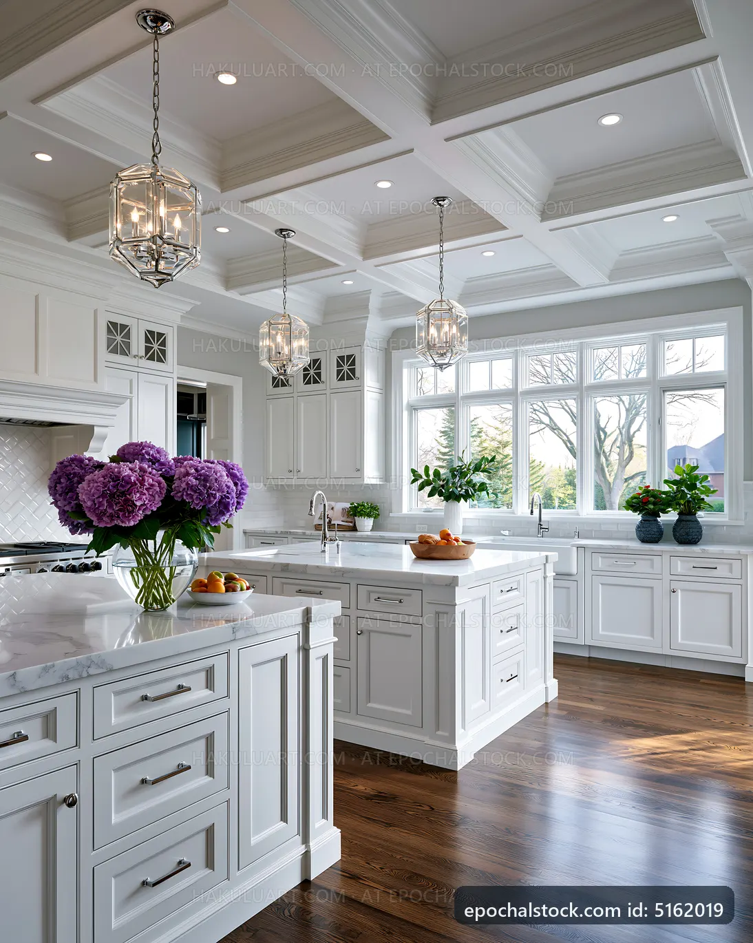 Bright kitchen with white cabinets and island at daytime