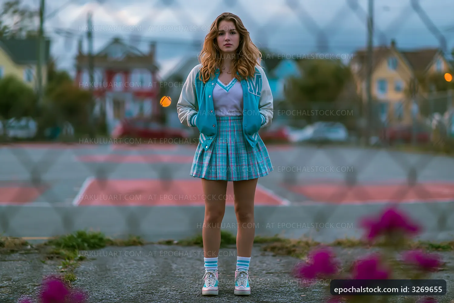 Young woman in blue varsity jacket on empty tennis court