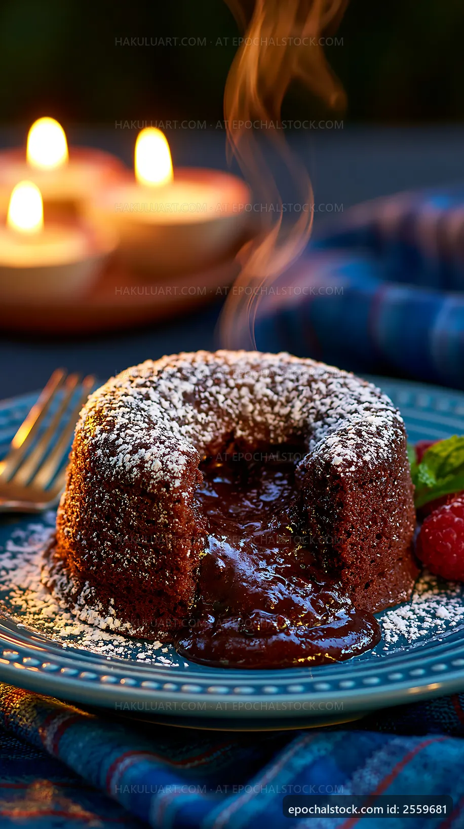 Chocolate lava cake on a plate with steaming chocolate inside