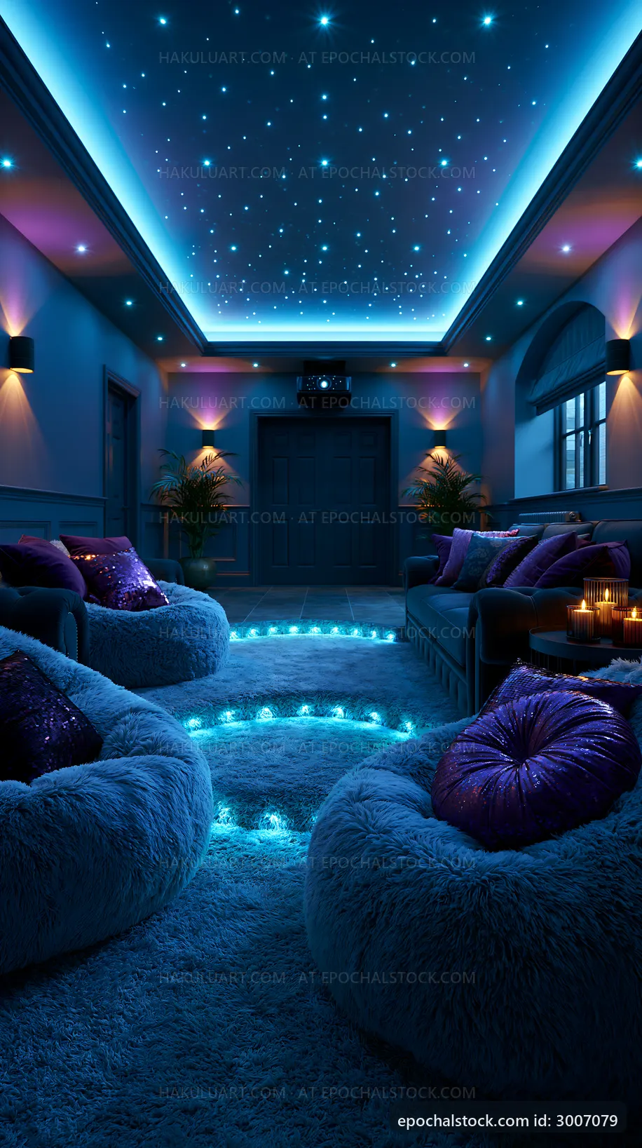 Cozy room with glowing lights and plush seating