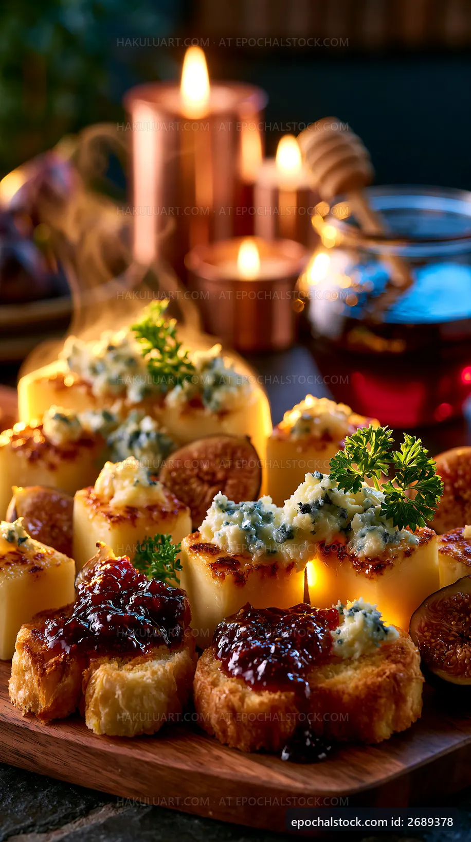 Warm snacks on a wooden board with honey and candles