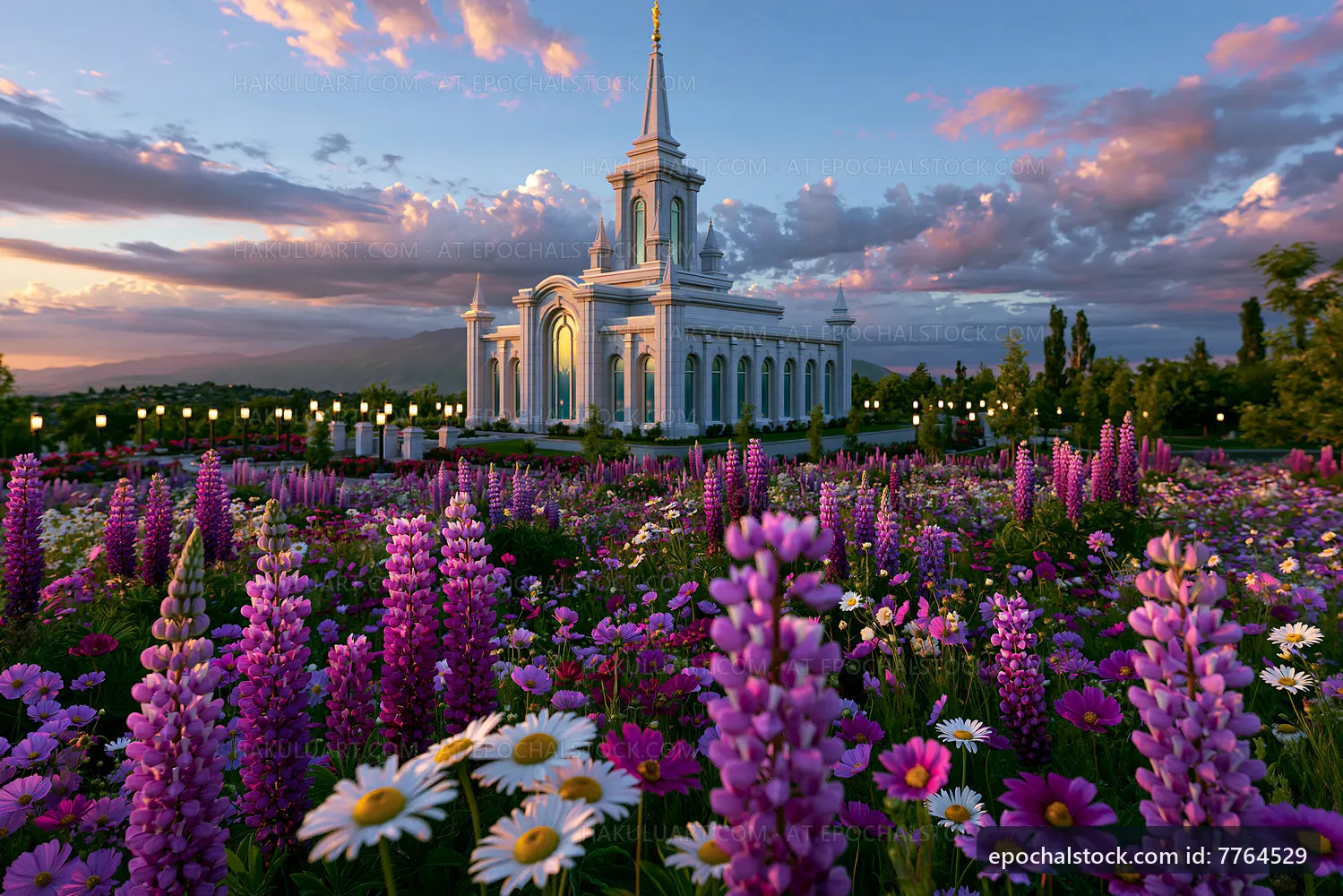 Bright flowers surround a white temple during sunset