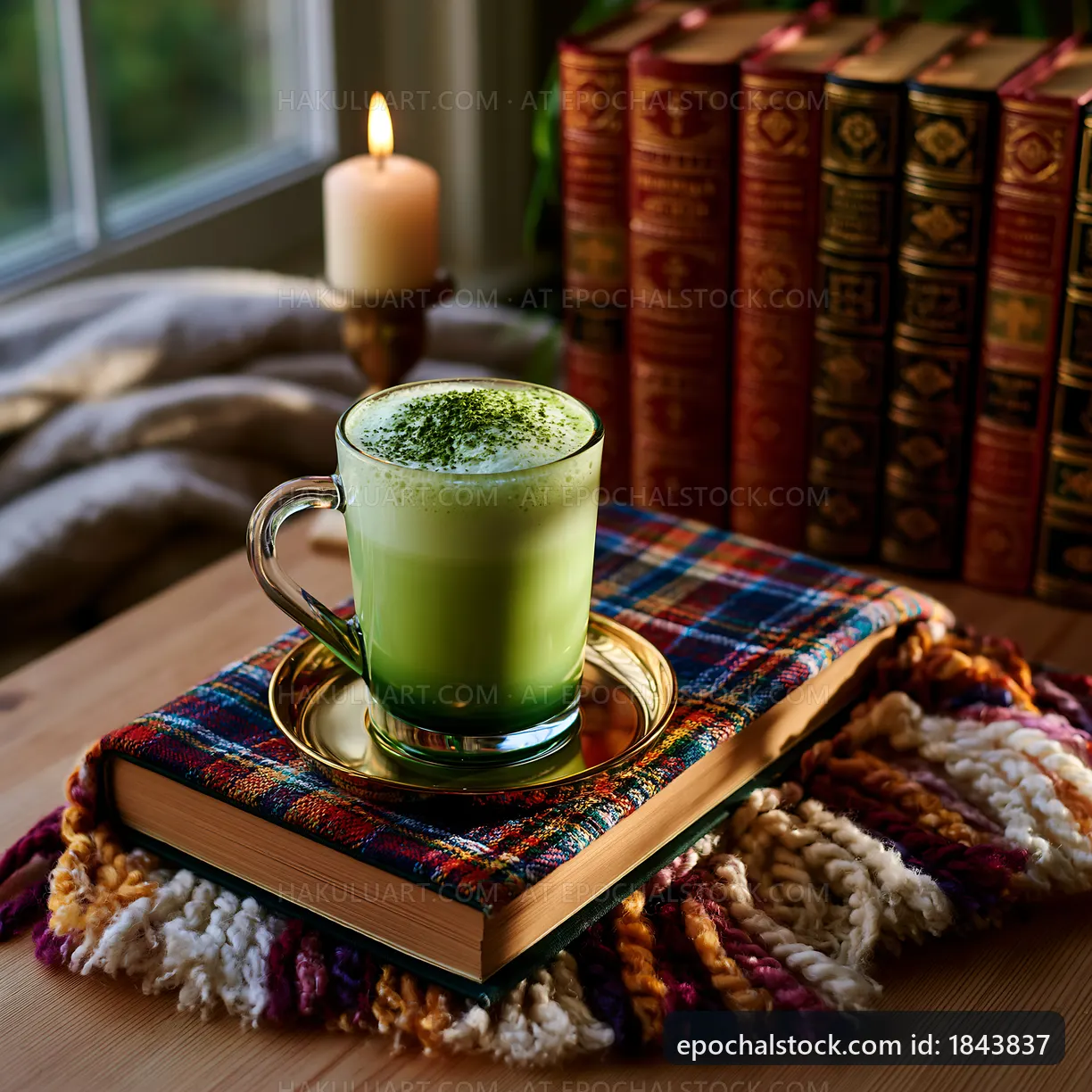 Green matcha drink on a book with candlelight in the background