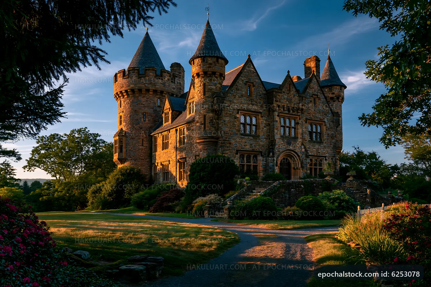 Historic stone castle surrounded by trees and gardens