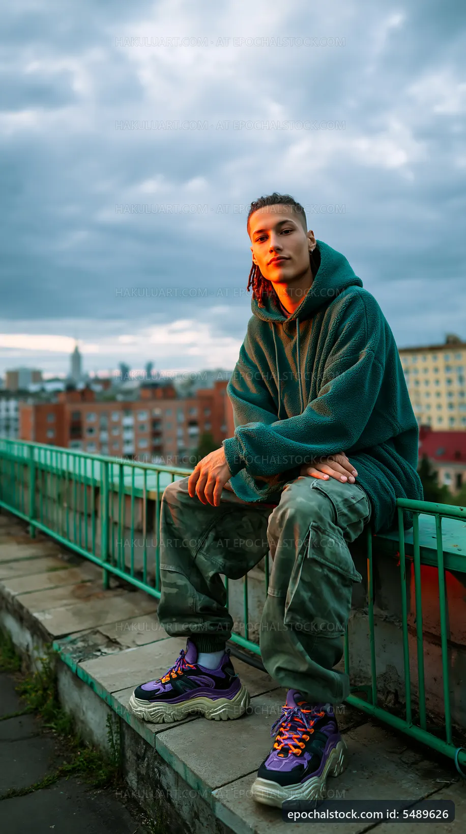 Young person sitting on a ledge overlooking a cityscape at dusk