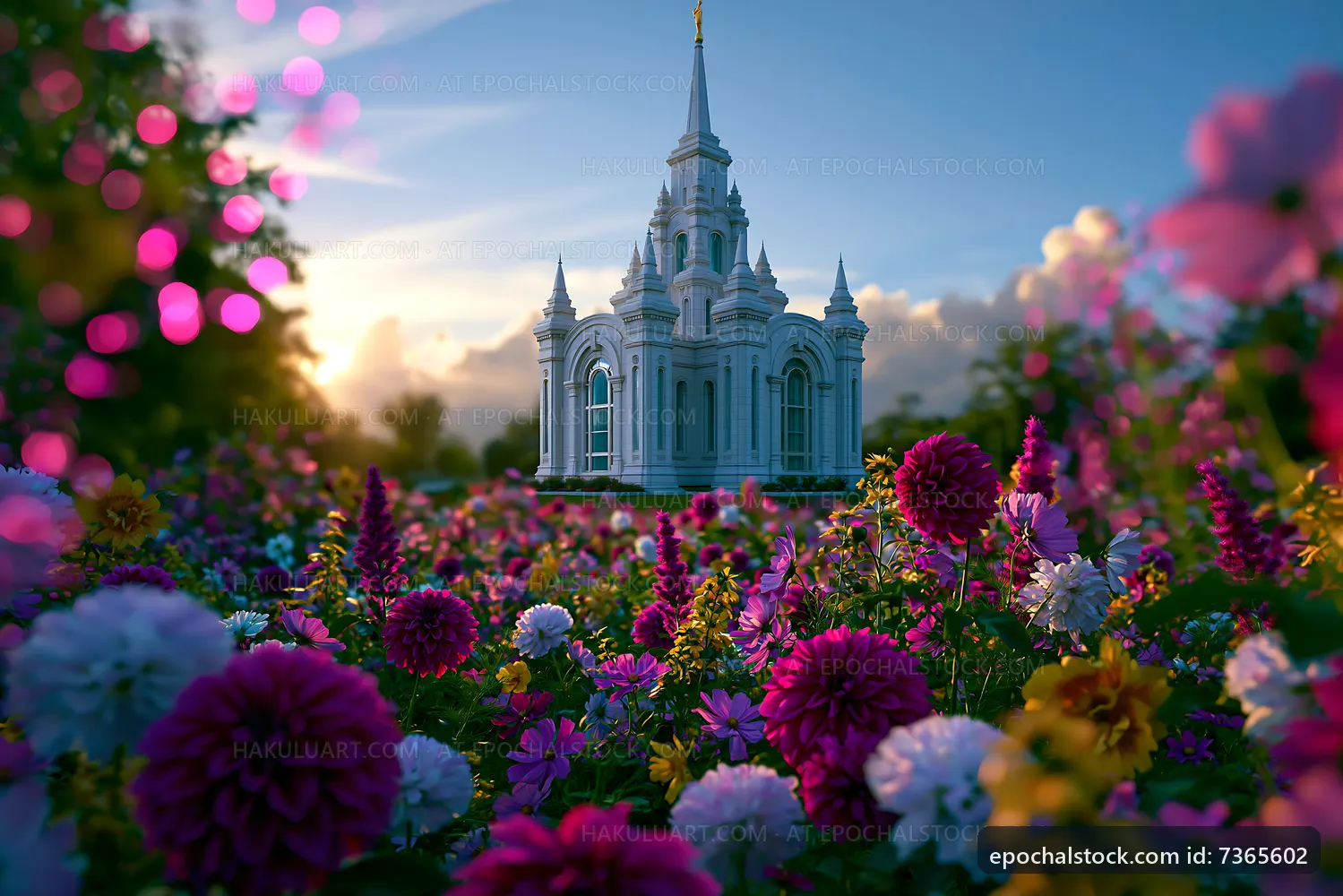 Colorful flowers with a church in the background during sunset