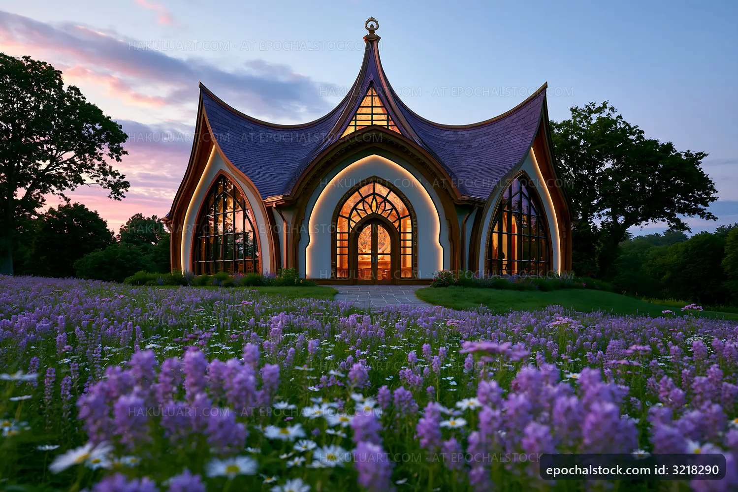 Beautiful building with large windows among blooming flowers at sunset
