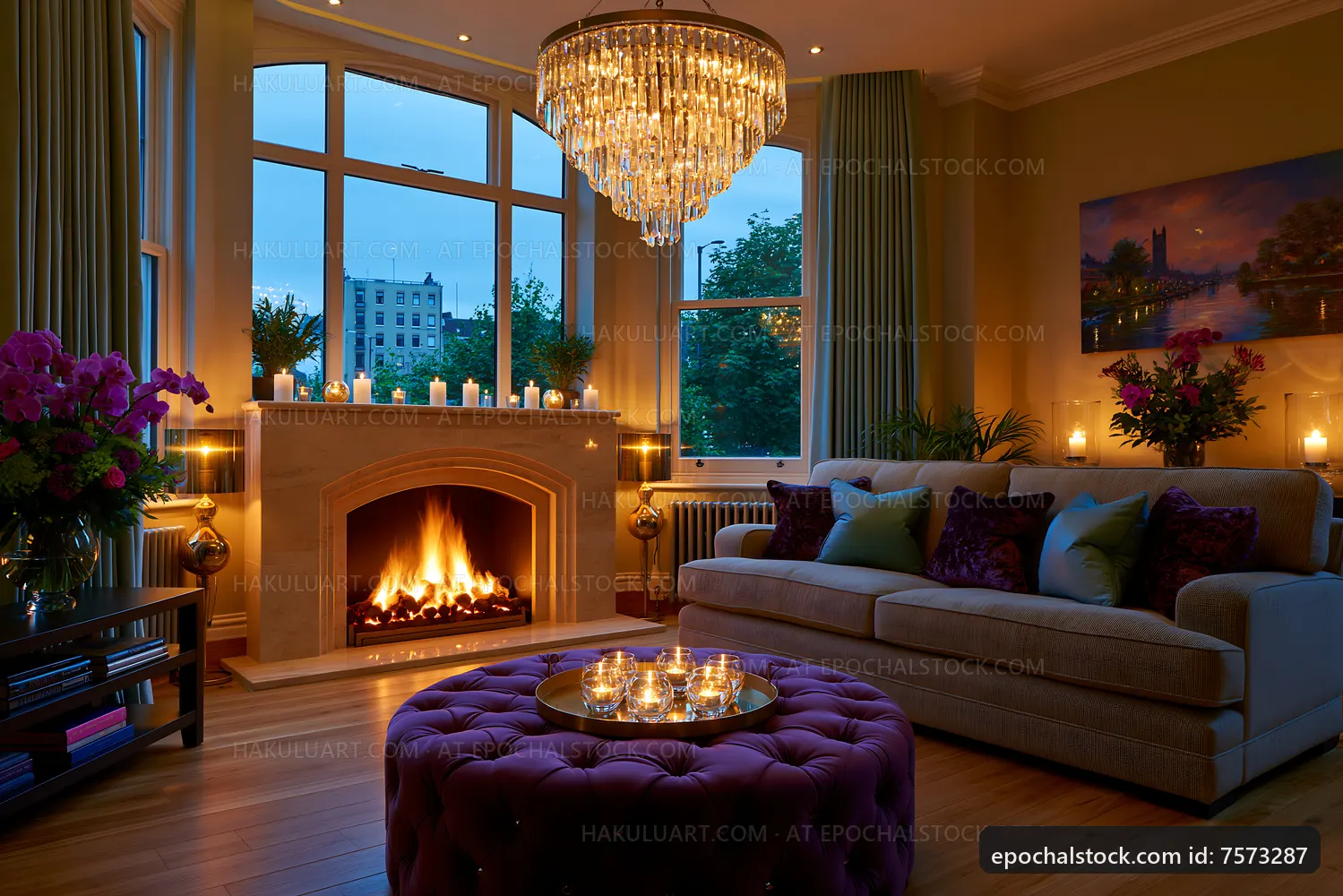 Cozy living room with fireplace and chandelier at dusk