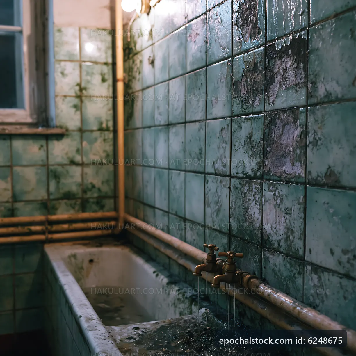 Old bathroom with worn tiles and a rusty tub