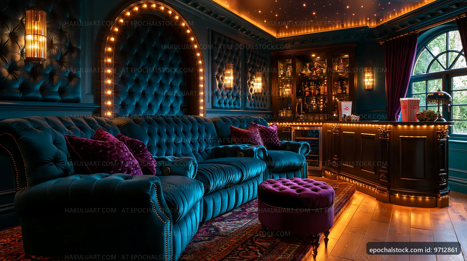 Luxurious lounge area with velvet furniture and warm lighting