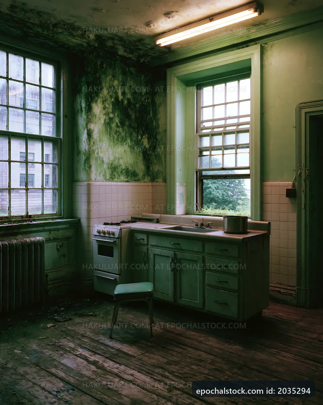 Old kitchen with peeling paint and dirt in abandoned building