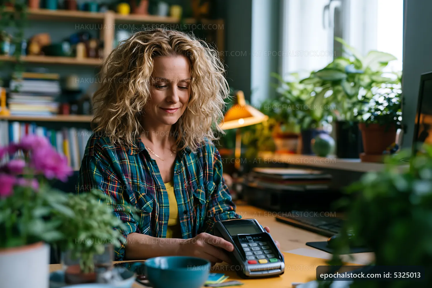 Woman using card payment device in home office