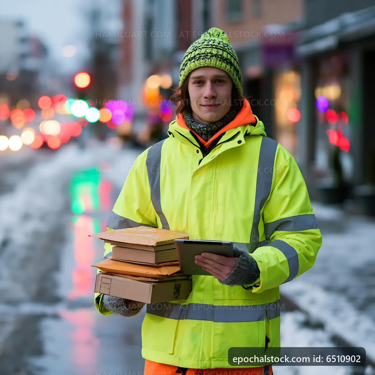 Delivery worker holding packages in winter setting