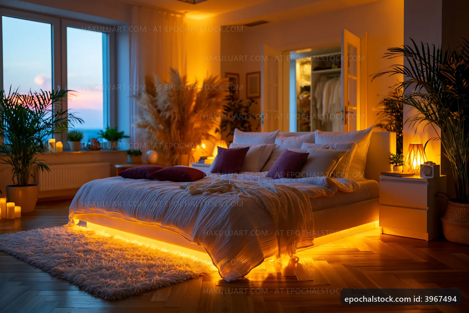 Cozy bedroom with warm lighting and stylish decor at dusk