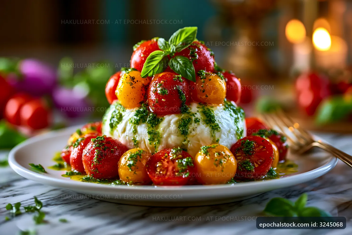 Fresh mozzarella with colorful tomatoes and basil on a plate