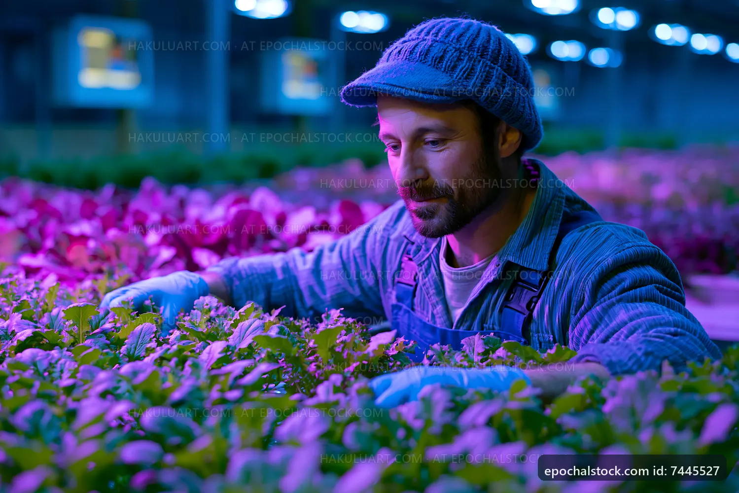 Man caring for plants in indoor greenhouse with colorful lighting