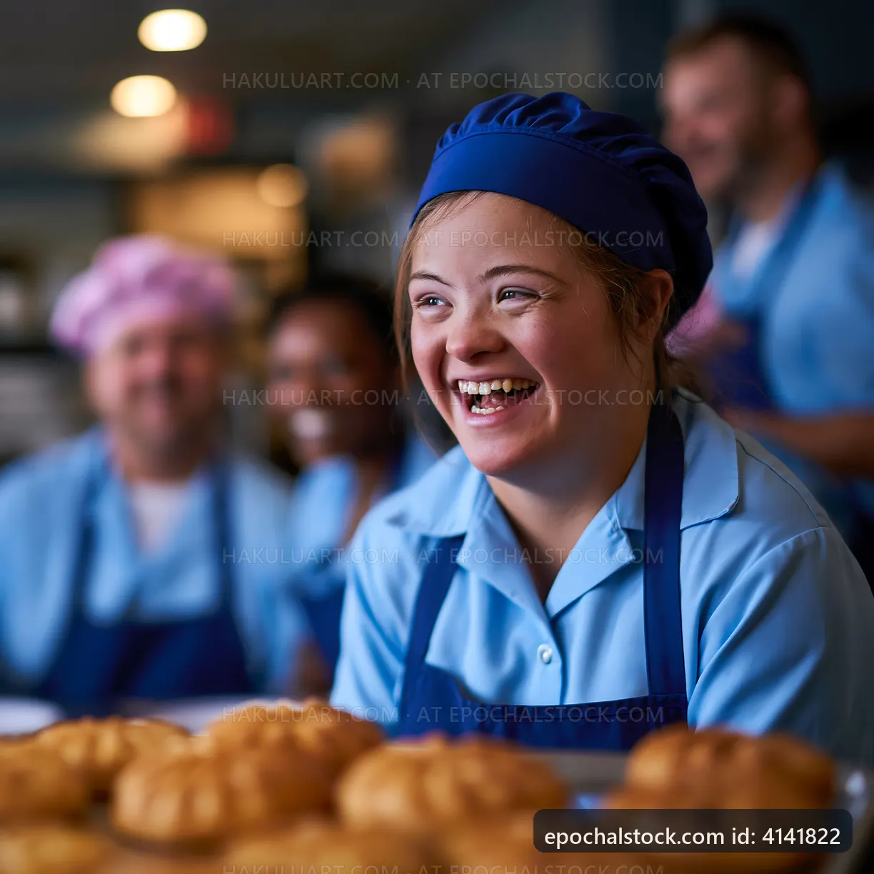 Bakers smiling while preparing pastries in a busy kitchen