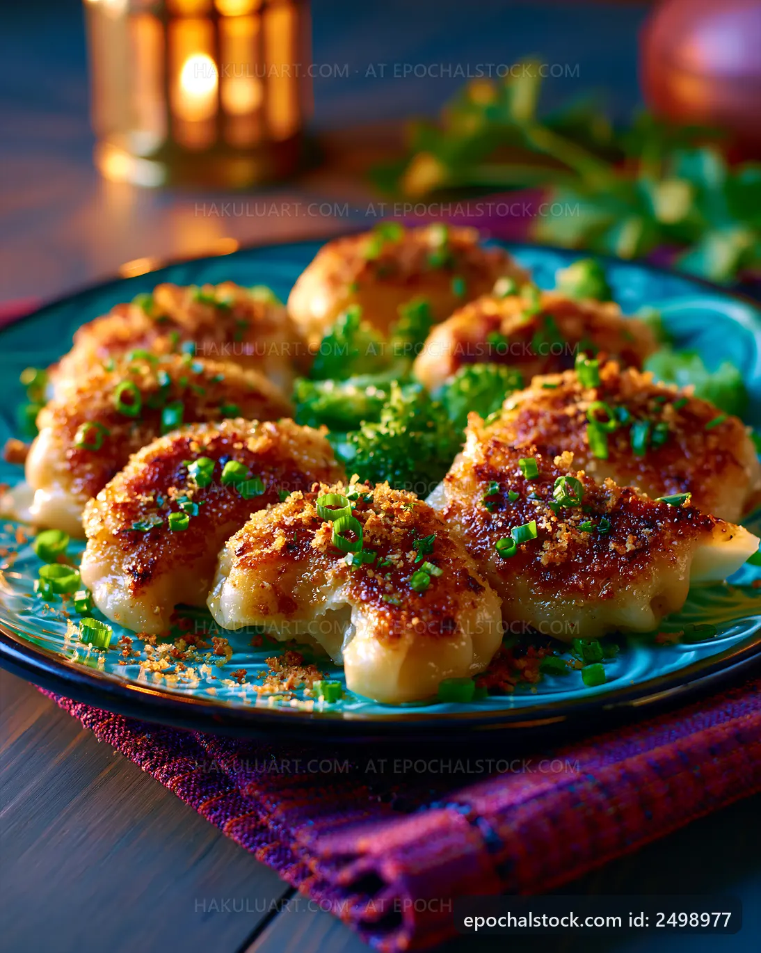 Golden fried dumplings served on a green plate in a cozy setting