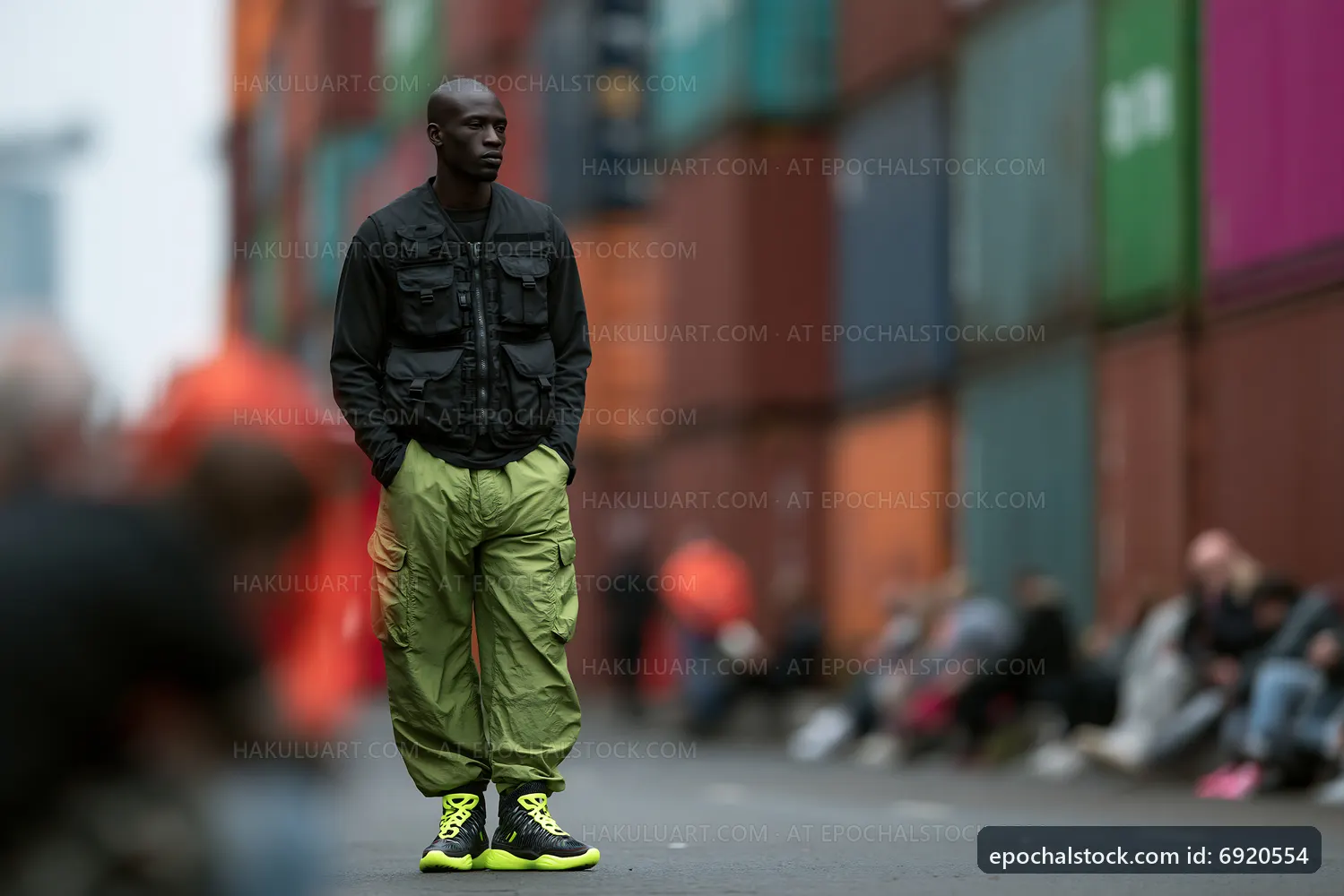 Man standing in street wearing stylish outfit near shipping containers